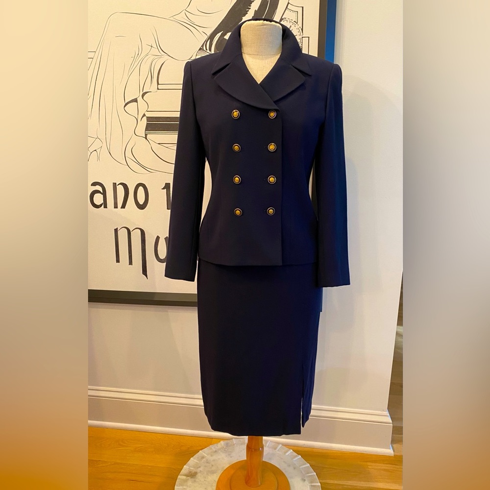 Kasper Womens Double Breasted Blue Blazer w Matching Skirt /Gold Buttons/Size 4P
